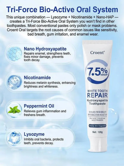 Croent Oral Hydroxyapatite Toothpaste - 7.5% NHAP Formula for Enamel Repair & Whitening, Lysozyme & Nicotinamide for Gum Health, No Fluoride, 120g